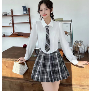 白色长袖衬衫修身少女学生辣妹上衣高腰学院风JK制服短裙两件套装