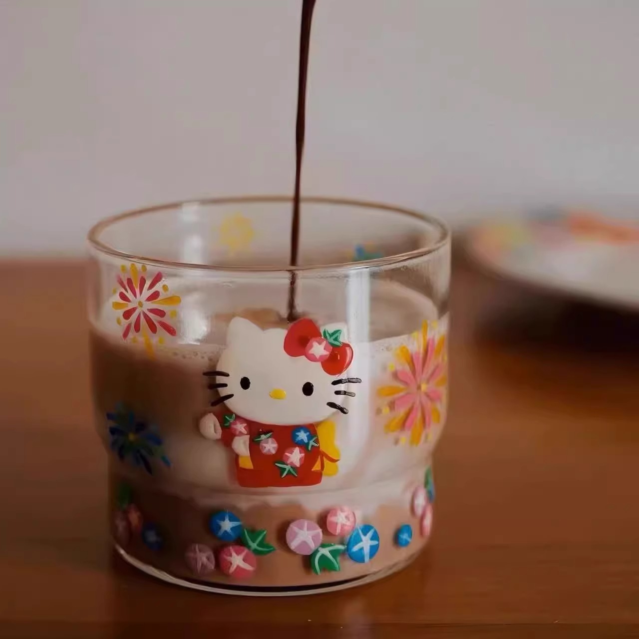 中古kitty猫烟花玻璃杯昭和时期印花水杯咖啡牛奶饮料可爱杯子
