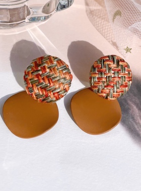 韩国nuance粗布棕色耳环女莫兰迪色系几何圆片高级感美拉得耳饰