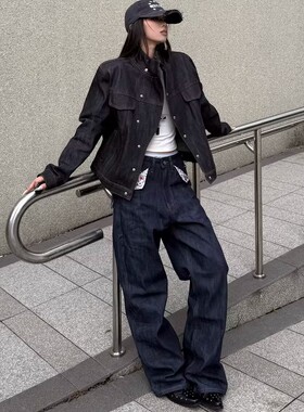 August rain 14.5进口斜领经典短宽原牛硬挺宽松牛仔夹克外套