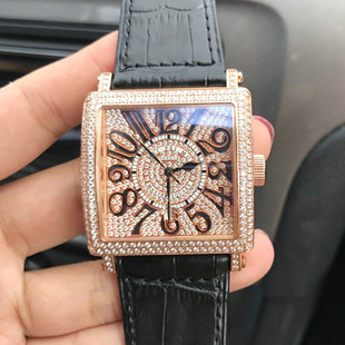 FM满天星玫瑰金正方型手表 数字钻石男表6000K 真皮表带镶水钻