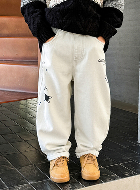 卡通手绘儿童个性牛仔裤秋装新款男童百搭白色休闲裤子潮童装
