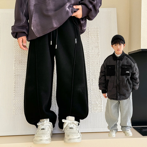 侧边拼接儿童一体绒运动裤冬款百搭卫裤男童装加厚针织裤潮弯刀裤