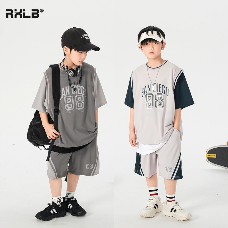 男童夏季运动套装儿童篮球衣假两件短袖t短裤冰丝速干两件套