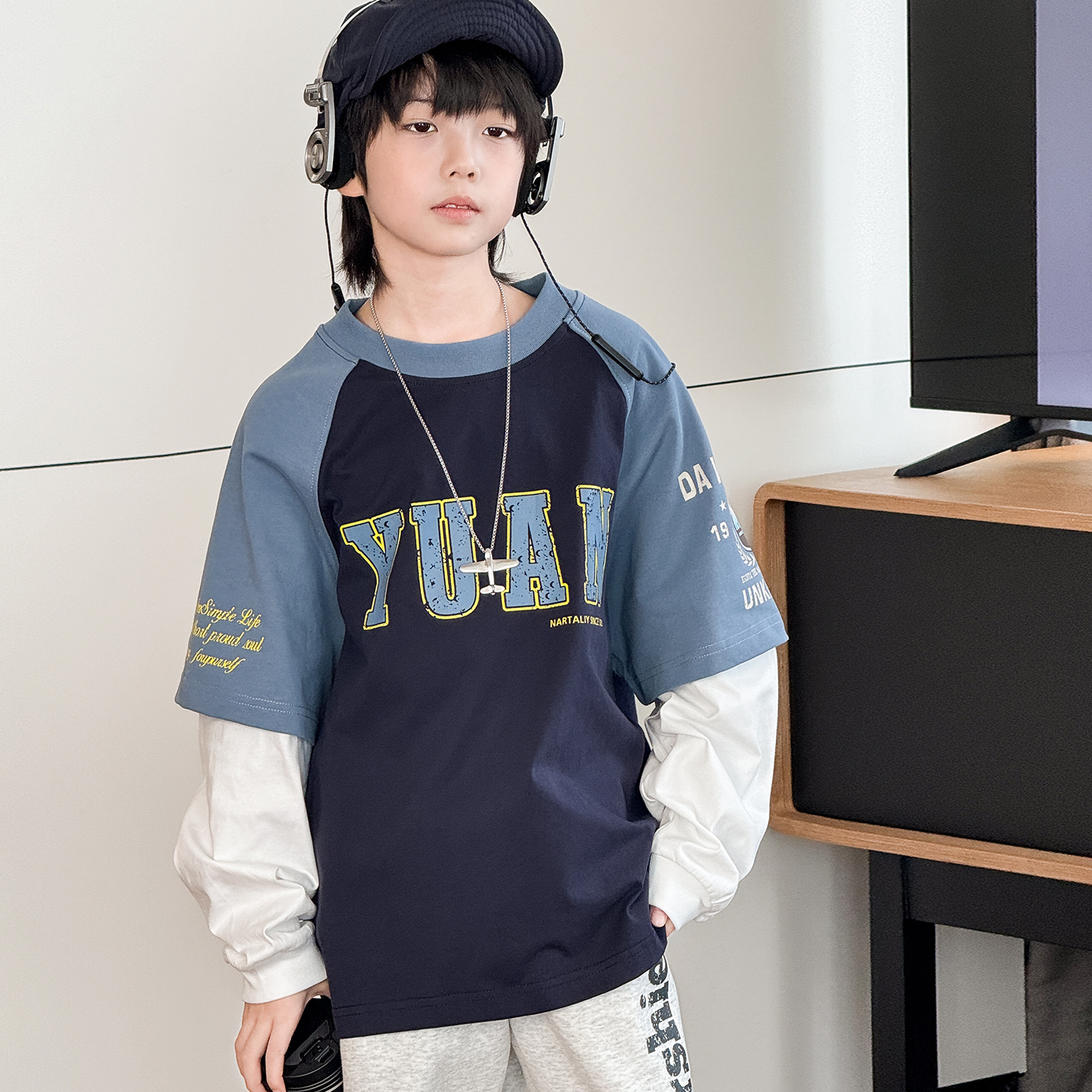 男童T恤长袖2025秋装新款中大童假两件上衣纯棉体恤儿童打底衫潮