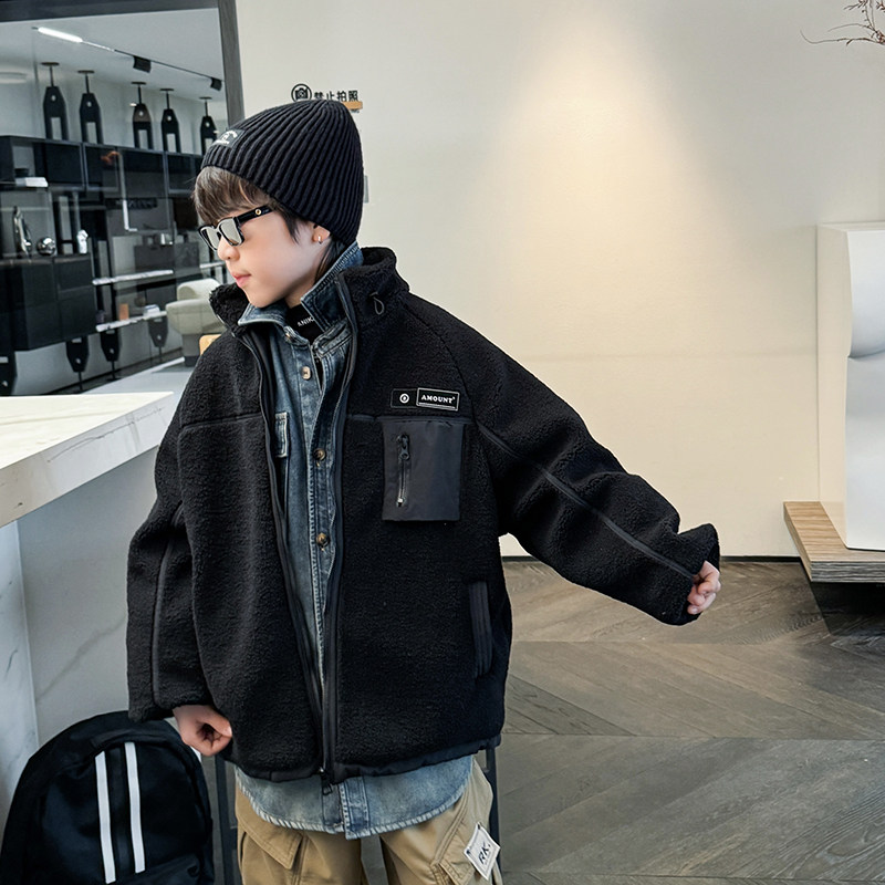 男童颗粒绒外套冬装新款洋气中大童韩版夹克儿童加厚夹棉上衣