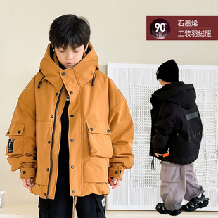 儿童羽绒服男童工装派克服加厚宽松洋气炸街保暖石墨烯白鸭绒外套