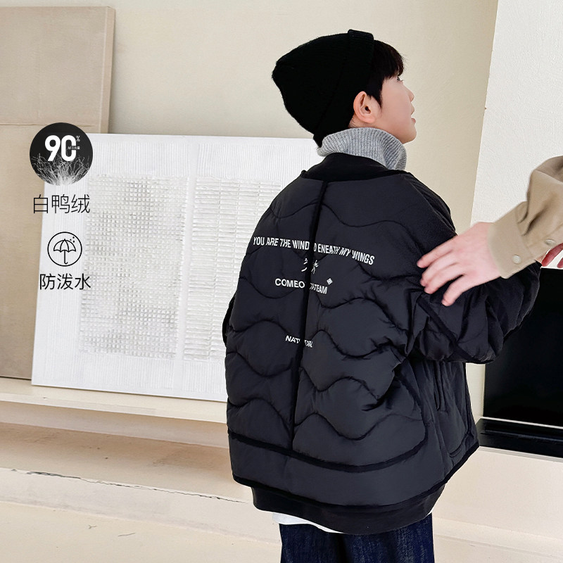 男童羽绒服冬装新款洋气廓形白鸭绒夹克儿童假两件棒球服外套