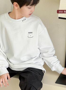 男童刺绣圆领磨毛长袖t恤冬装青少年白色百搭内搭韩版打底衫