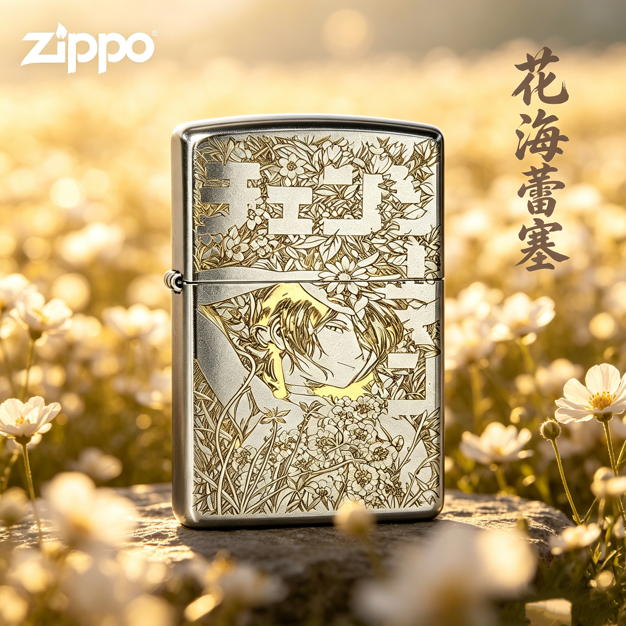 zippo/之宝正版花海雷塞银色精雕防风火机送男士礼物