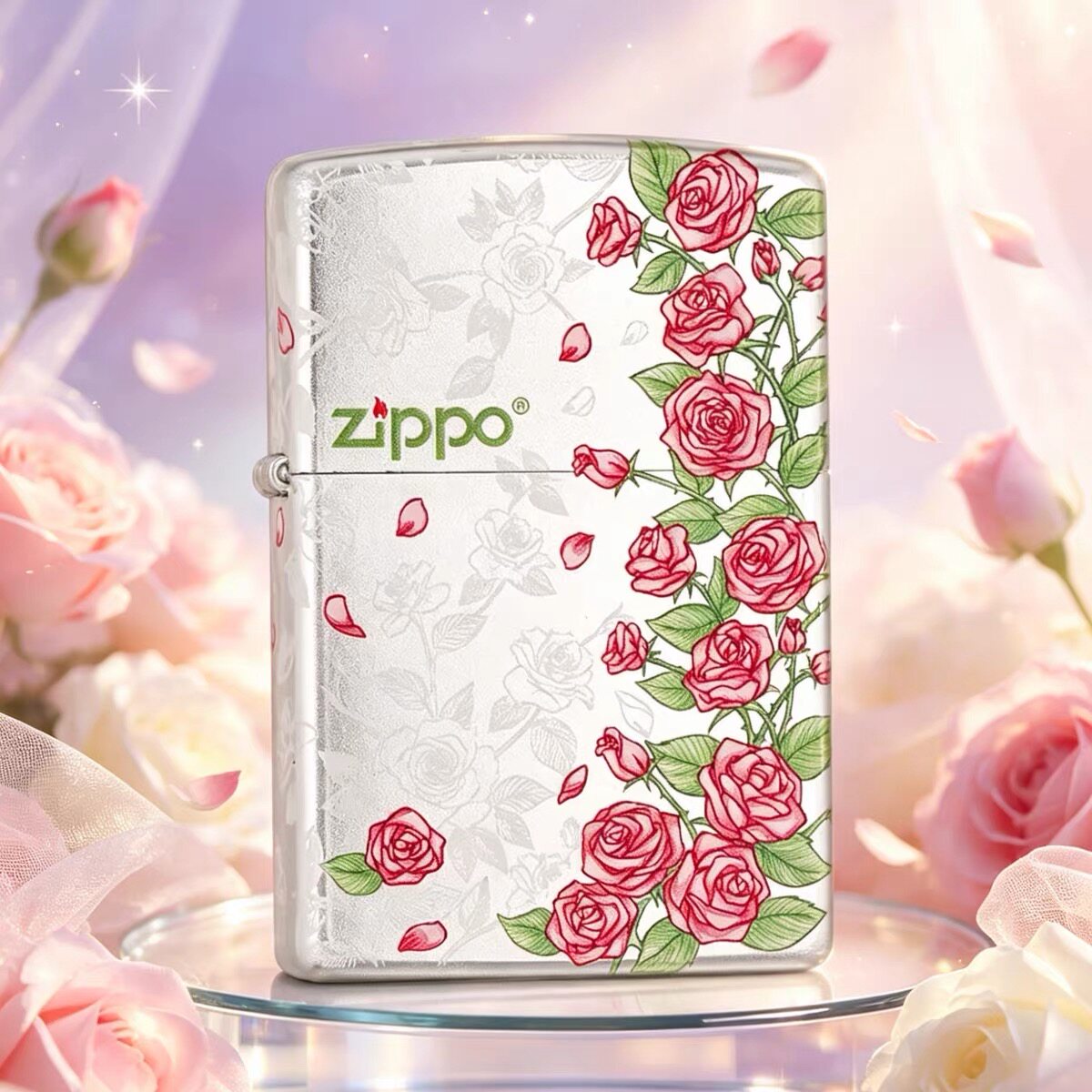 zippo打火机砂银浮雕热恋玫瑰芝宝正品男士生日520礼物送男友