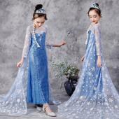 圣诞节童装 动画片艾莎公主裙蓝色披风拖地长裙cos服装 elsa亮片裙