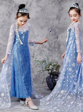 圣诞节童装动画片艾莎公主裙蓝色披风拖地长裙cos服装elsa亮片裙