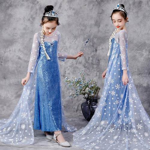 圣诞节童装动画片艾莎公主裙蓝色披风拖地长裙cos服装elsa亮片裙