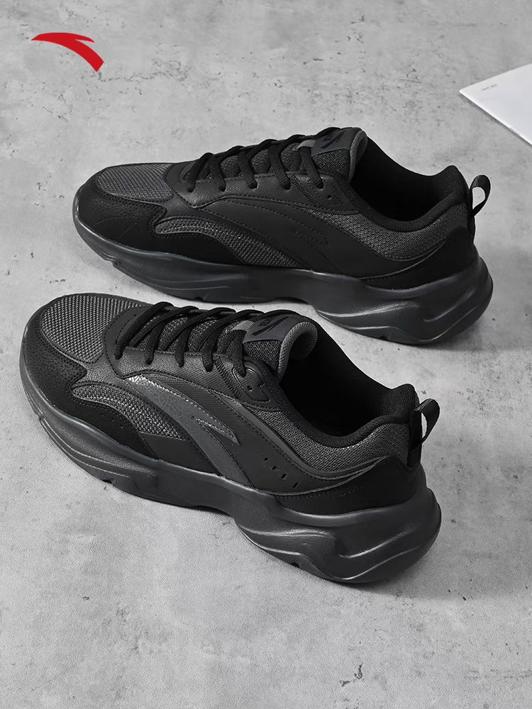 安踏潮拜GZ休闲鞋男鞋秋冬黑色轻便鞋子网面革面透气男士老爹鞋男