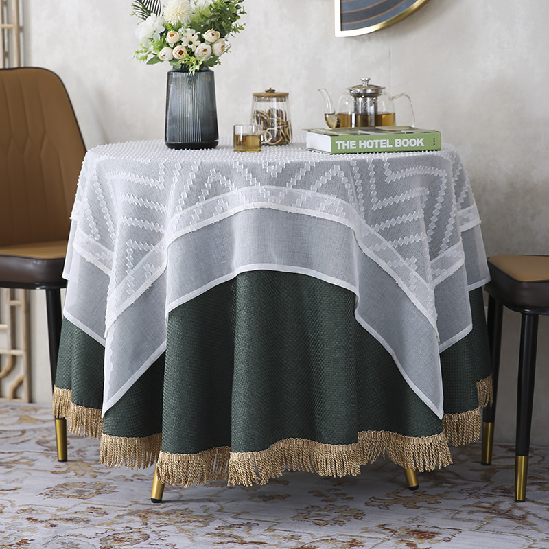 圆桌餐桌布圆形紫墨绿蓝白纯色轻奢北欧美式简约现代蕾丝茶几台布