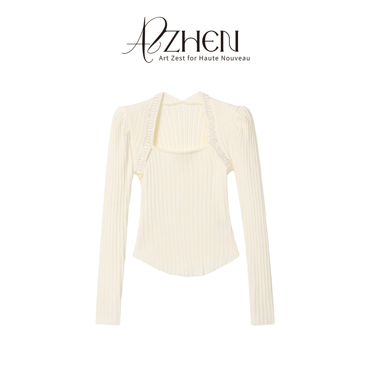 AZZHEN【千金告白】时尚方领针织衫女修身显瘦白色长袖上衣内搭