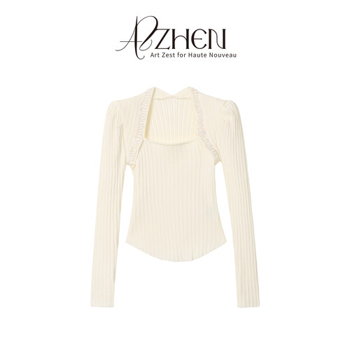AZZHEN【千金告白】时尚方领针织衫女修身显瘦白色长袖上衣内搭