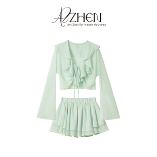 防晒上衣半裙套装 夏日荷叶边雪纺喇叭袖 女 氧气防晒 AZZHEN