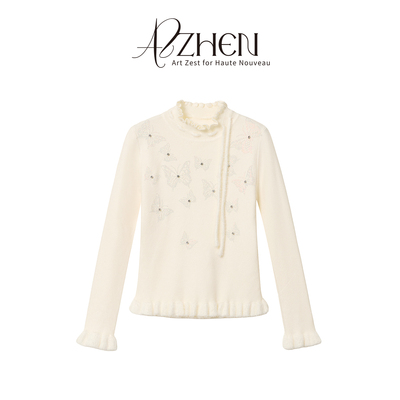 AZZHEN【优雅曲调】半高领木耳边重工蝴蝶烫钻修身针织打底