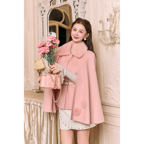 AZZHEN【沪上千金】黑标系列水貂毛领绵羊毛毛呢外套女设计感大衣