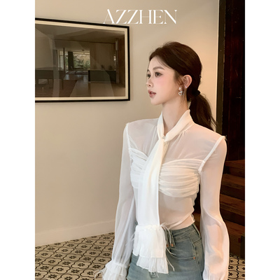 AZZHEN早秋白色薄纱透视雪纺衫