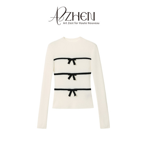 AZZHEN【小香礼物】亲肤法式蝴蝶结长袖修身山羊绒打底
