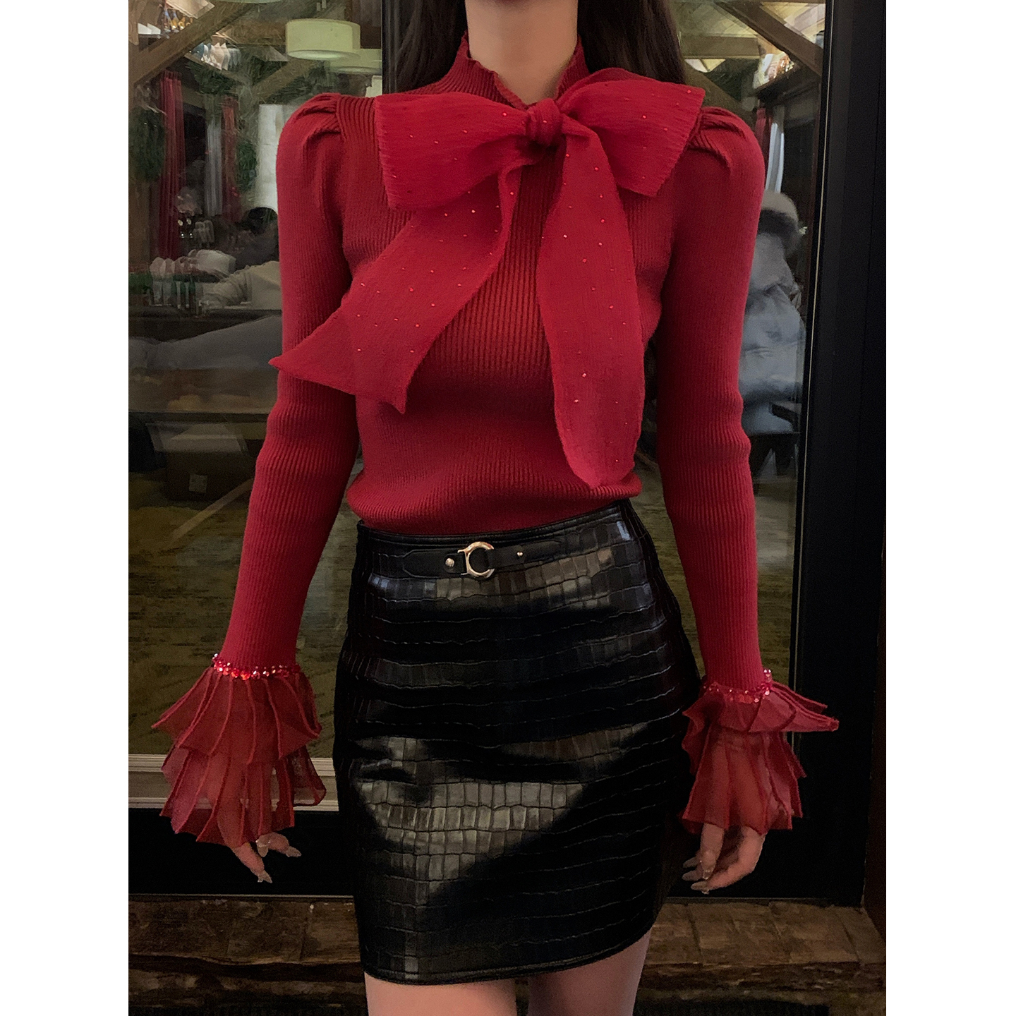 AZZHEN【街拍焦点】遮胯显瘦高腰半身裙女秋冬新款短裙鳄纹皮裙