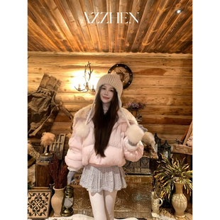 AZZHEN【云朵泡芙】95白鸭绒假两件翻领小湖羊拼接帽子拉链羽绒服