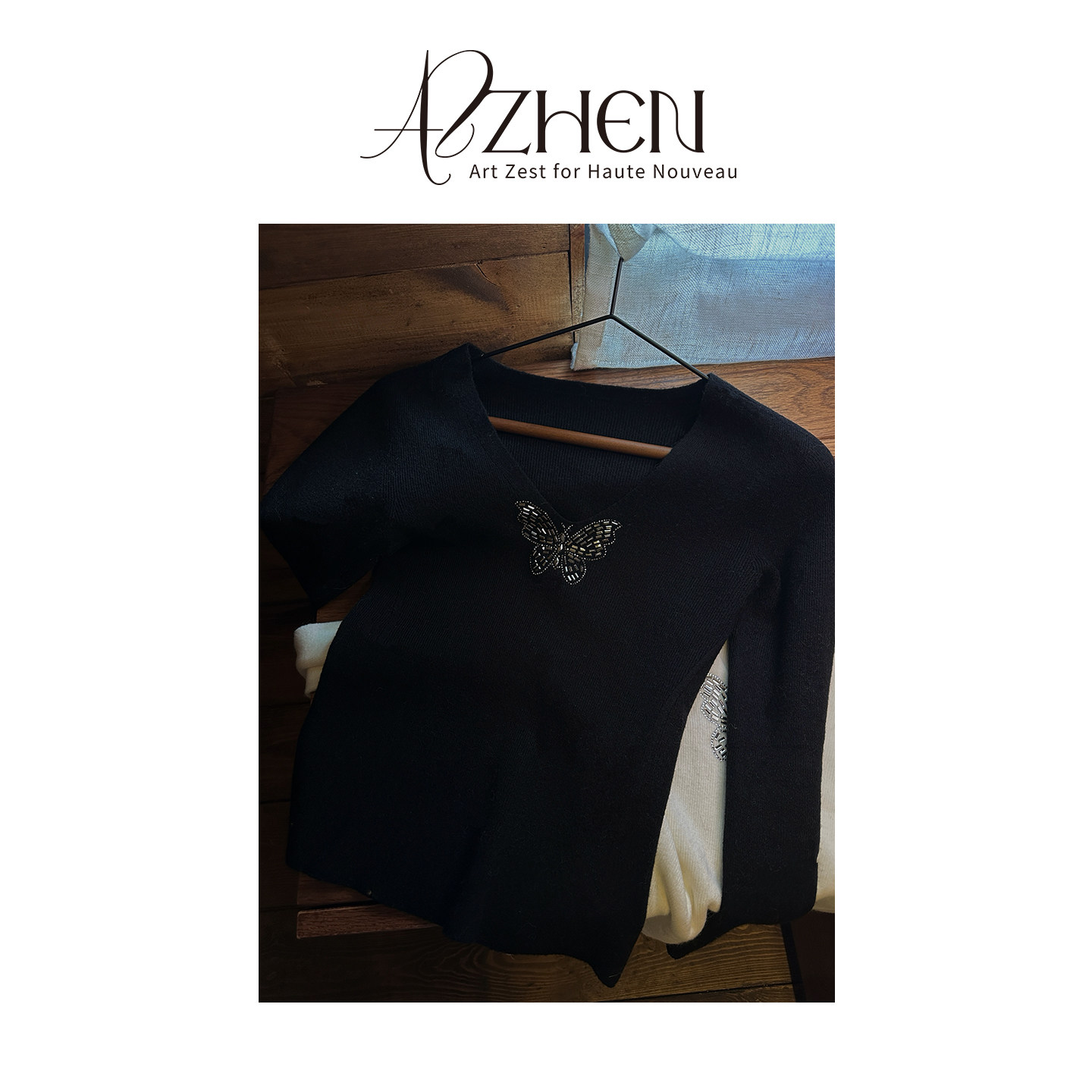 AZZHEN【月光蝶语】百搭黑色羊毛V领领口袖口重工烫钻针织打底,女装/女士精品,毛针织衫,淘宝优惠券,粉丝福利购,淘宝优惠卷