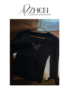 AZZHEN【月光蝶语】百搭黑色羊毛V领领口袖口重工烫钻针织打底