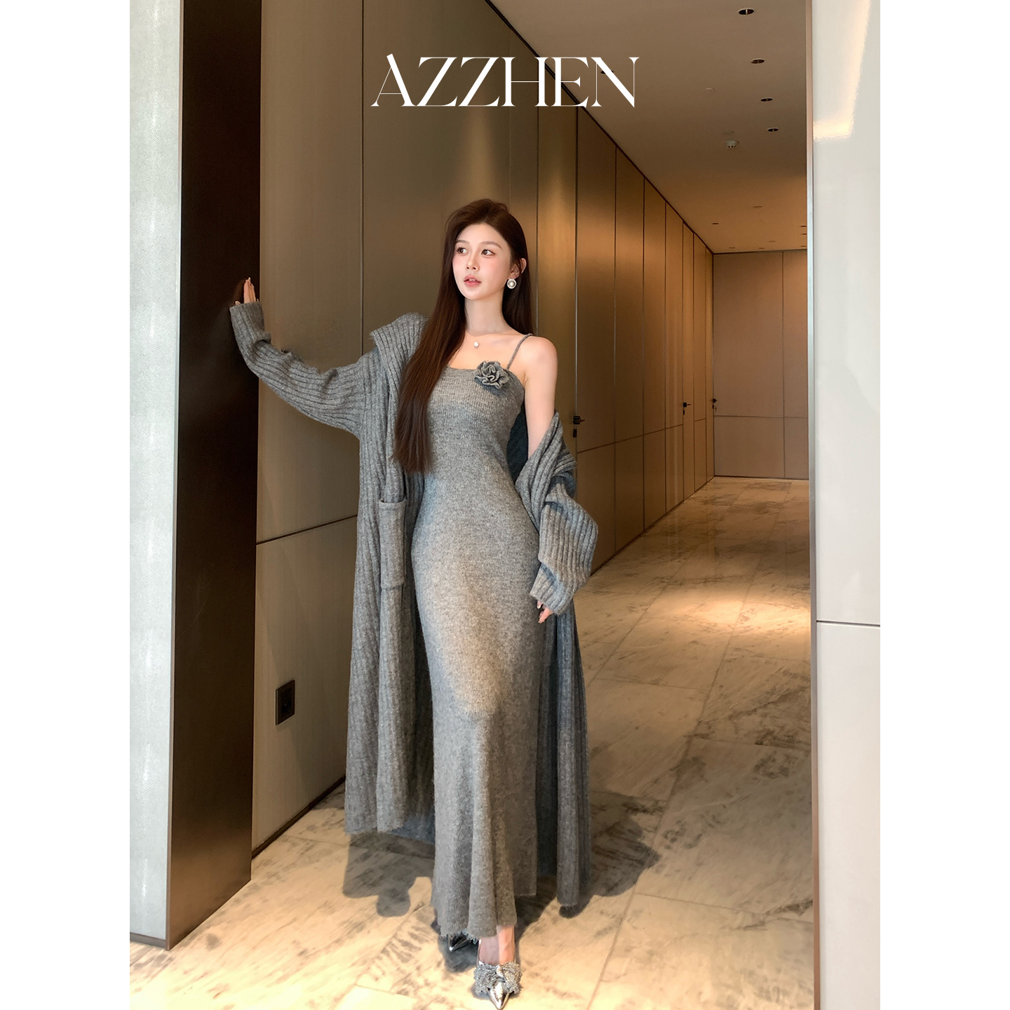 AZZHEN花朵针织连衣裙开衫套装