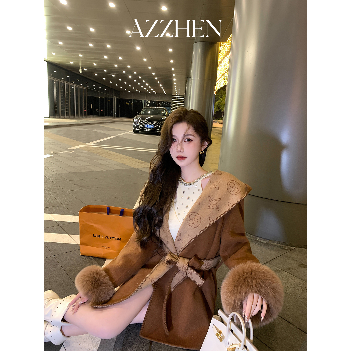 AZZHEN【矜冷格调】冬季70绵羊毛连帽大衣拼接100狐狸毛长袖外套