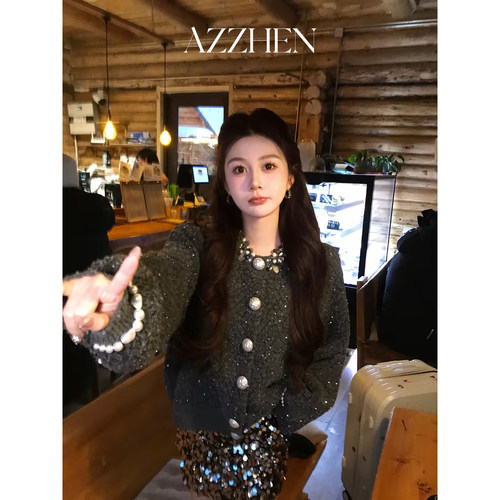 AZZHEN【绒感鎏金】羊毛钉珠亮片针织开衫
