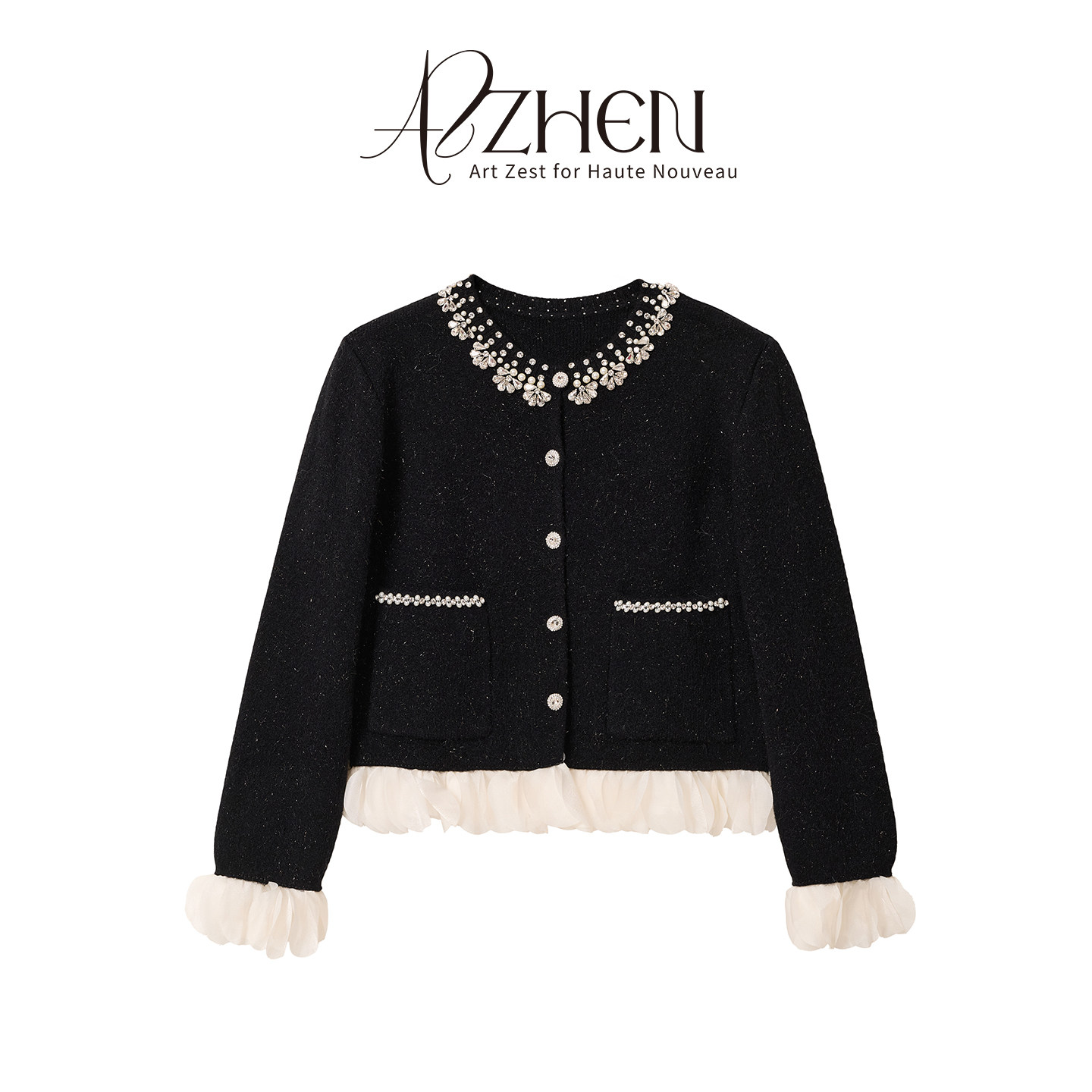 AZZHEN【星漾花园】小香风气质重工镶钻气质圆领开衫