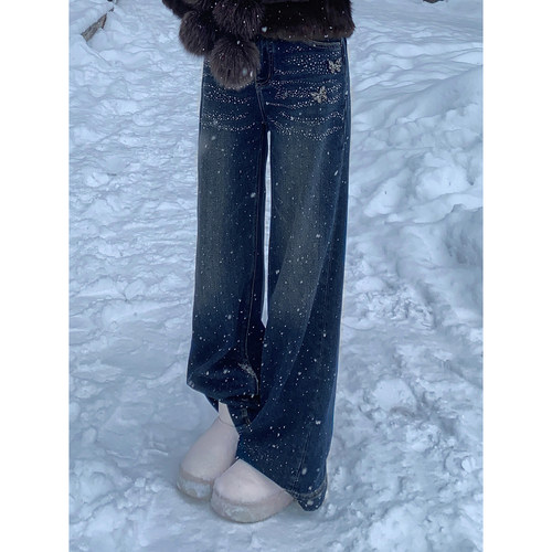 AZZHEN【万千星熠】加绒烫钻显瘦气质直筒阔腿牛仔裤