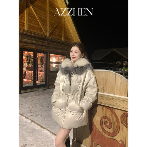 AZZHEN【白霜落雪】冬季新款进口银狐毛白鹅绒贵气可拆卸毛领
