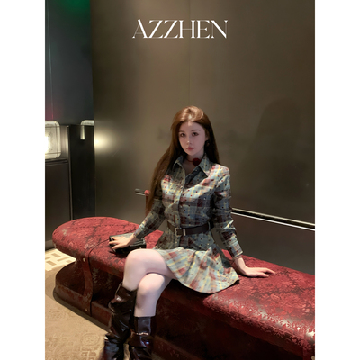 AZZHEN复古格纹衬衫连衣裙女