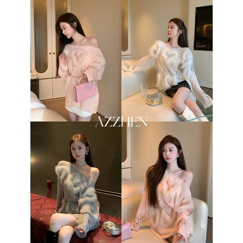 AZZHEN【甜心旋律】绵羊毛混纺拼接爱心狐狸毛针织毛衣