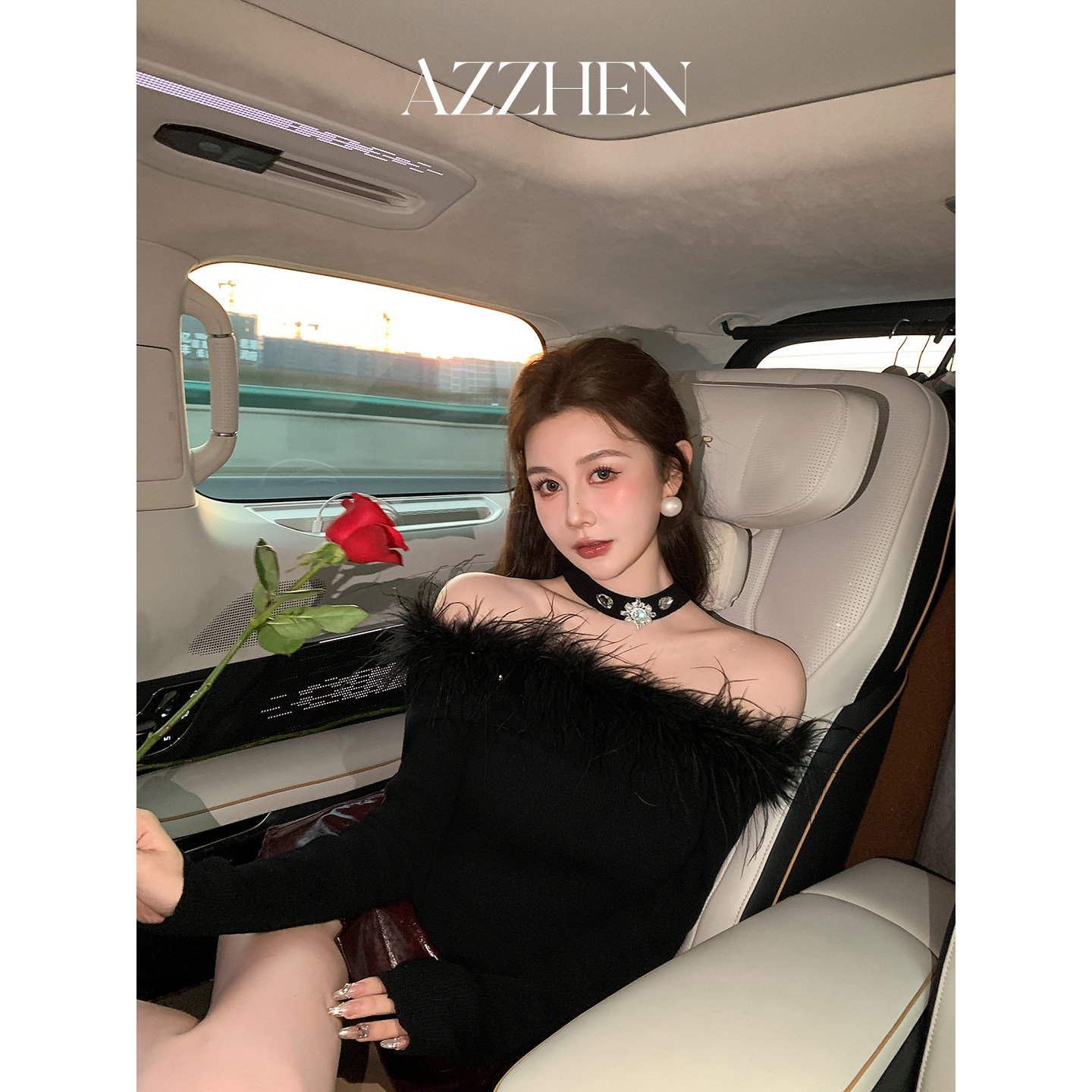 AZZHEN【暮光之夜】羊毛一字肩挂脖鸵鸟毛毛衫,女装/女士精品,毛针织衫,淘宝优惠券,粉丝福利购,淘宝优惠卷