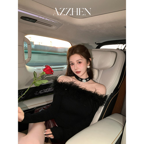 AZZHEN【暮光之夜】羊毛一字肩挂脖鸵鸟毛毛衫