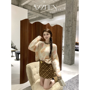 AZZHEN【秋日枫叶】马海毛枫叶针织衫女秋季新款美拉德卡其色毛衣