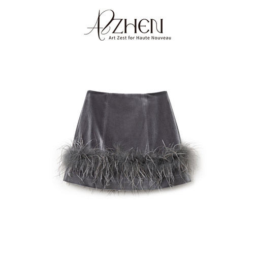 暮色流光鸵鸟毛丝绒拼接下摆