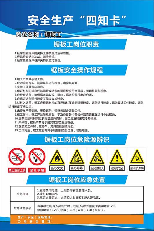 770锯板工安全风险四知卡操作规程应急措施警示贴画海报印制1498