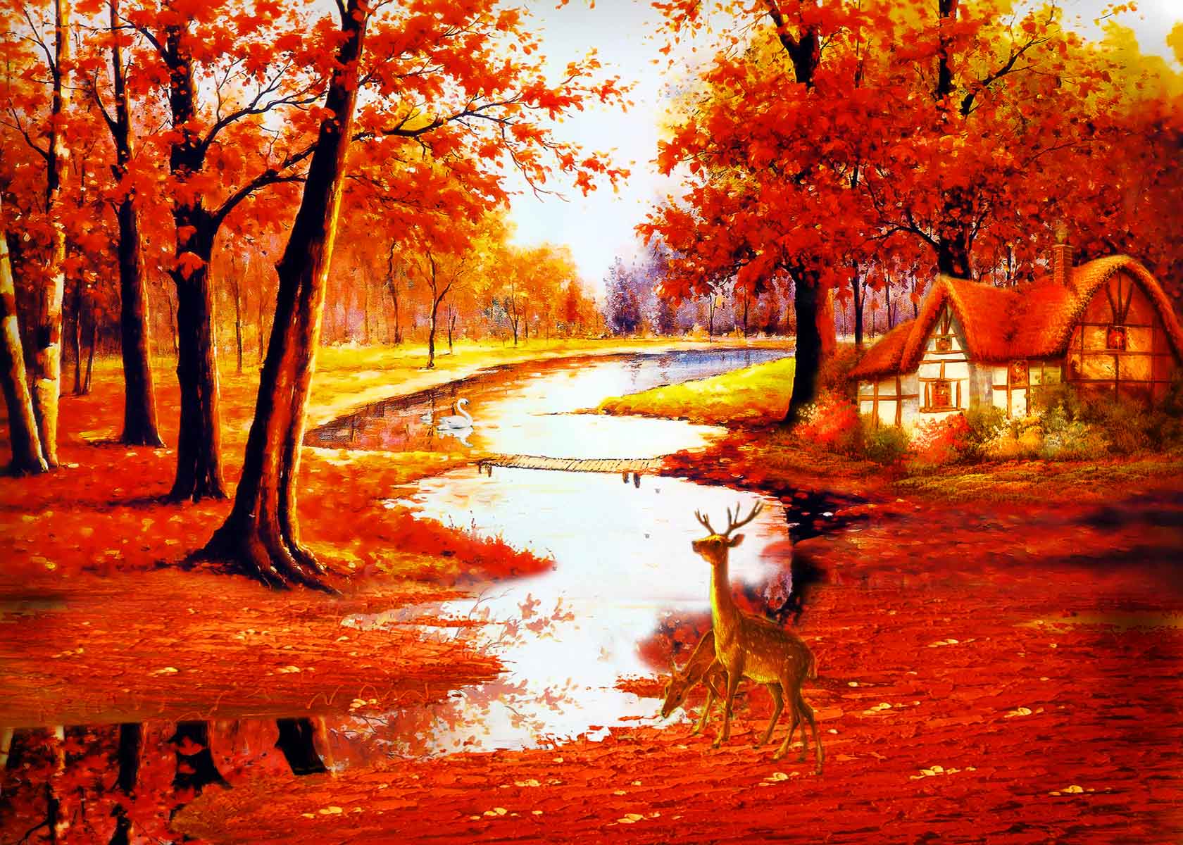 197贴膜海报素材油画装饰画墙画挂画434山水风景画枫叶林
