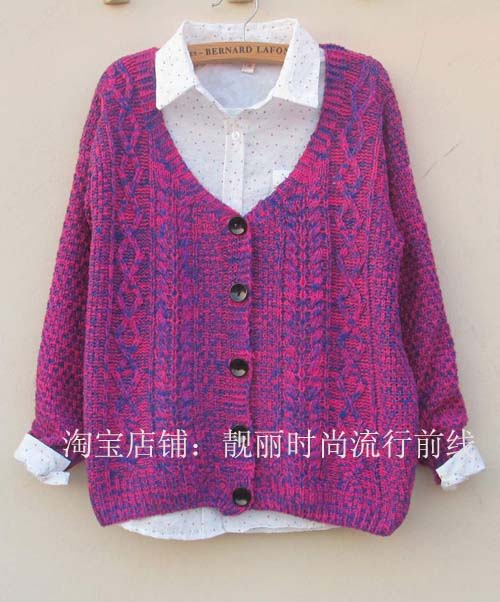 25春秋新款韩版女装杂色花线毛衣加厚开衫麻花V领宽松外套针织衫