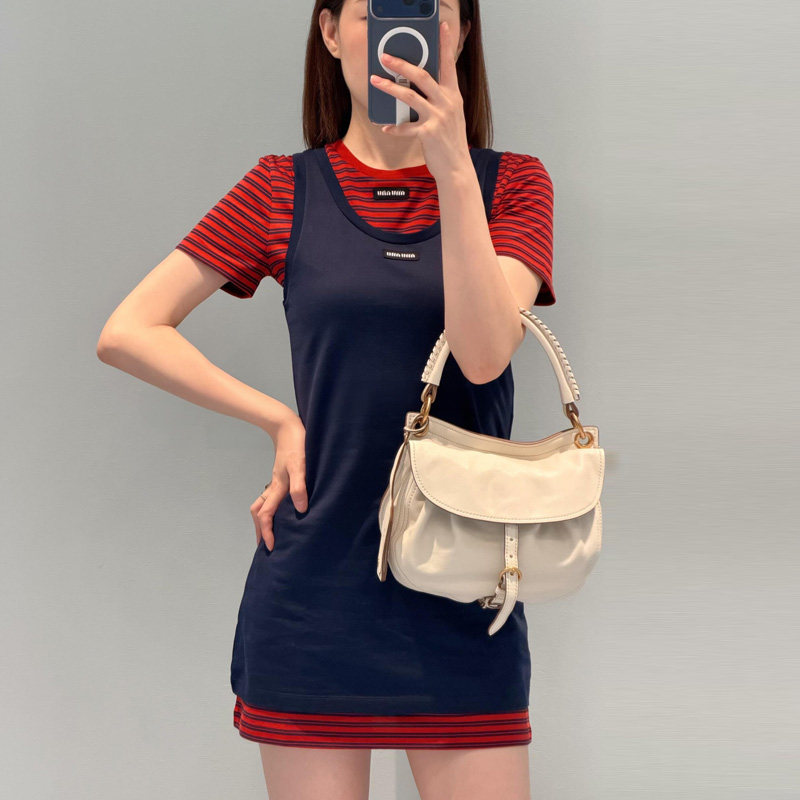2026撞色条纹短袖连衣裙两件套女
