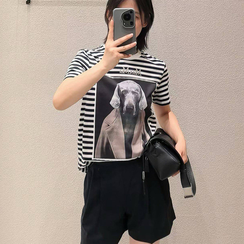 时尚百搭条纹狗头印花短袖女棉T