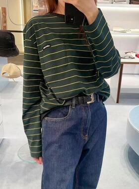 春季长袖T恤女2025新款绿色条纹圆领宽松版时尚纯棉小香风上衣潮