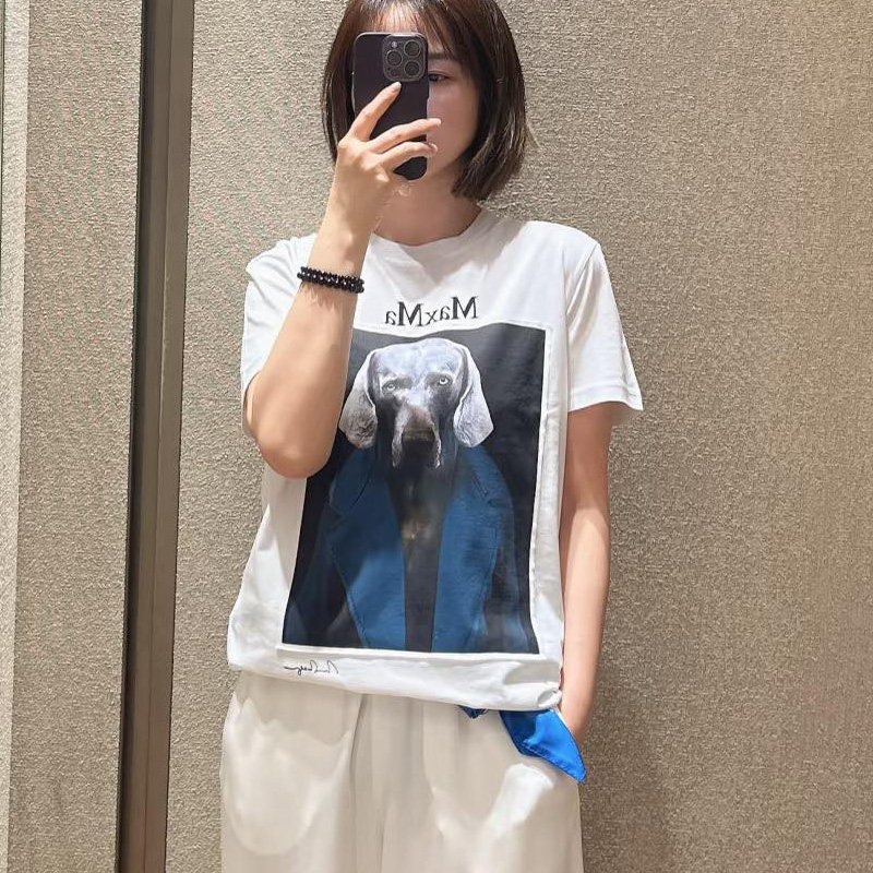 白色贴布猎犬纯棉女装欧美风短袖